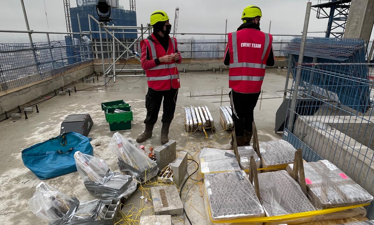 Flashpoint Fireworks display team working on the top of a building in central London